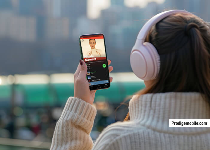 Femme écoutant de la musique dans la rue avec un casque Bluetooth