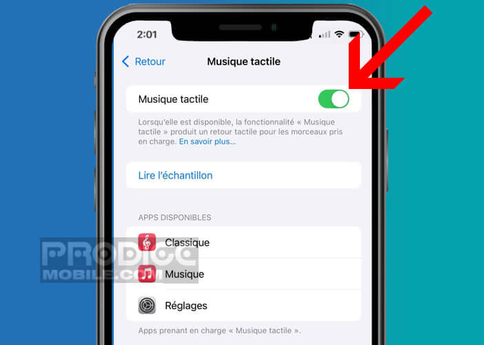 Activation de la fonctionnalité Musique Tactile depuis les réglages d’iOS