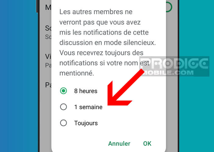 Sélectionner la durée durant laquelle les notifications du groupe seront désactivées