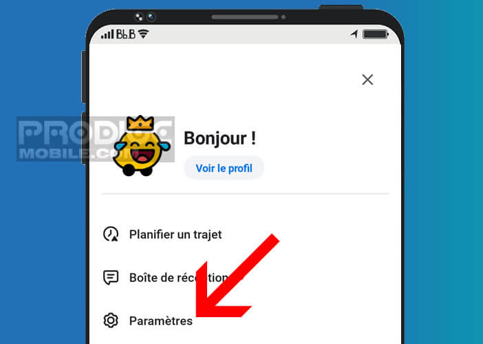 Ecrou pour ouvrir le menu des paramètres de Waze