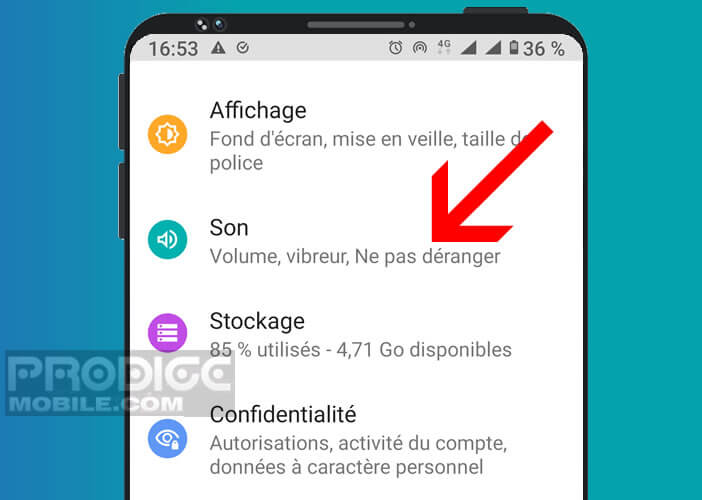 Ouvrir le menu Sons et vibreurs d’Android