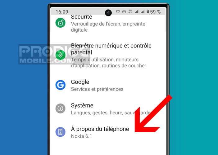 Ouvrir la rubrique A propos du téléphone