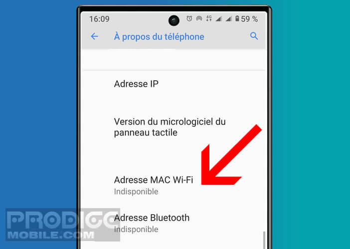 Exemple d'affichage de l'adresse MAC Wi-Fi dans les paramètres réseau sur un appareil Android