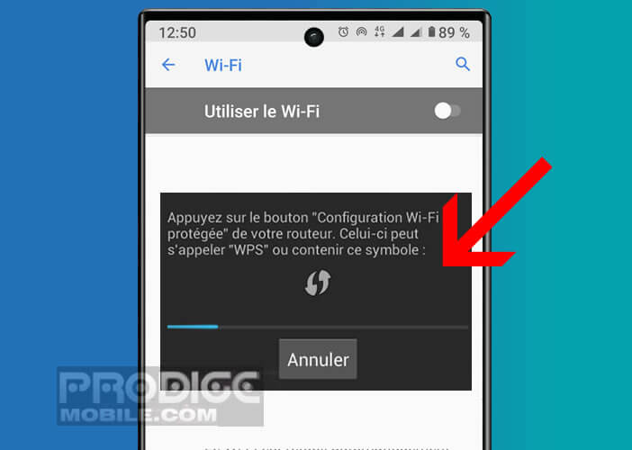 Cliquer sur le bouton pour connecter un appareil Android à un réseau Wi-Fi en utilisant le mode WPS