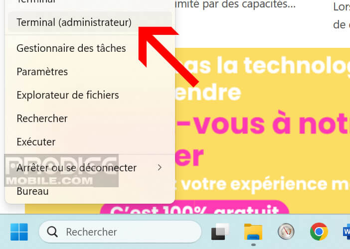 Lancer le Terminal administrateur sur votre PC sous Windows